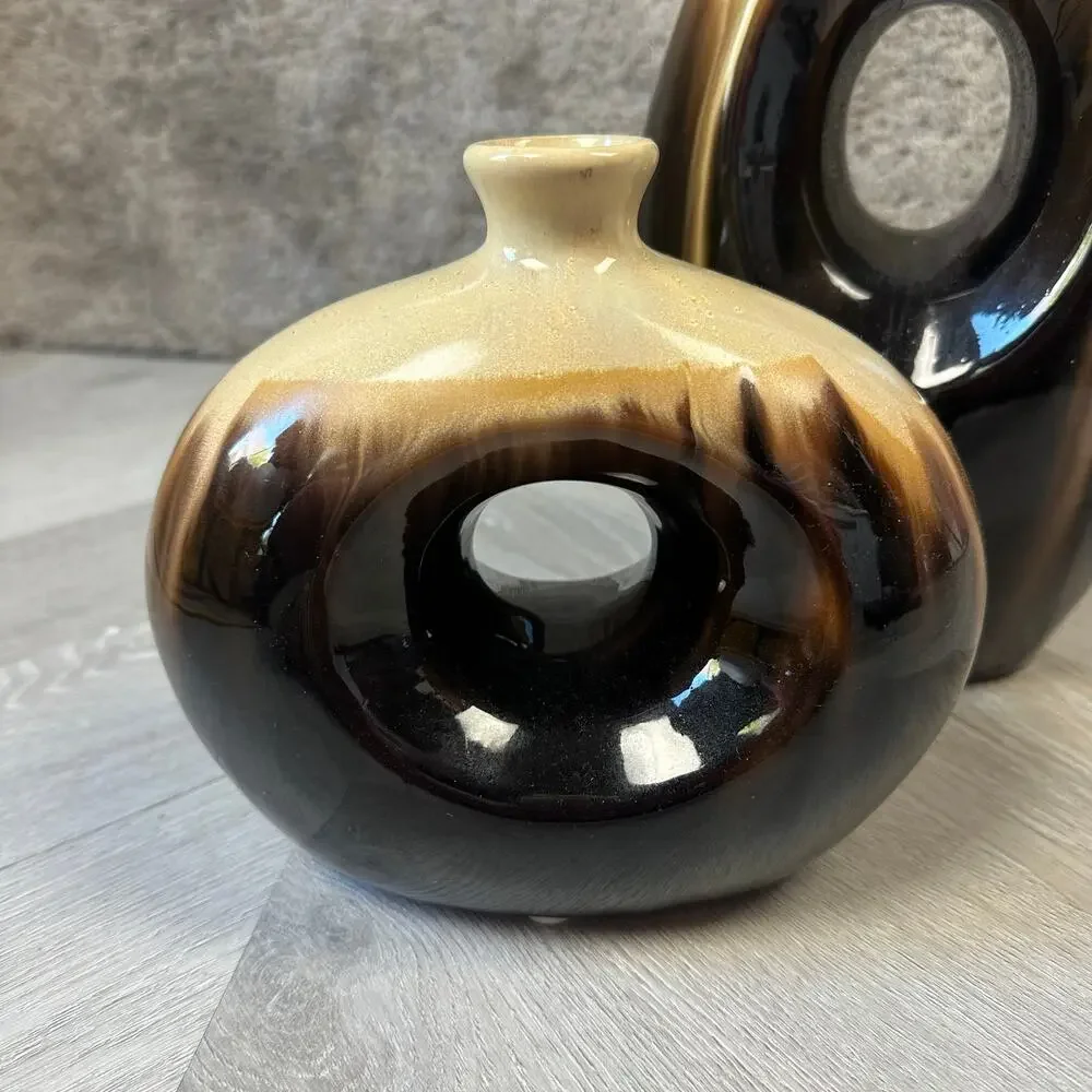 Pair of 2 Vases MCM Mid Century Modern Ceramic Brown Tan Beige Oval Circle
